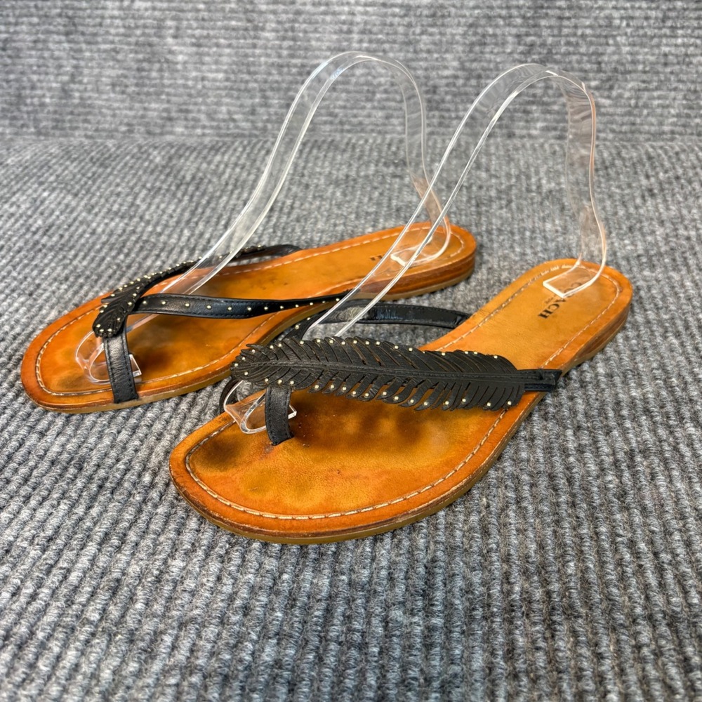 Coach Black Leather Feather Thong Sandals Women's Boho Studded Flip Flops - Picture 3 of 6